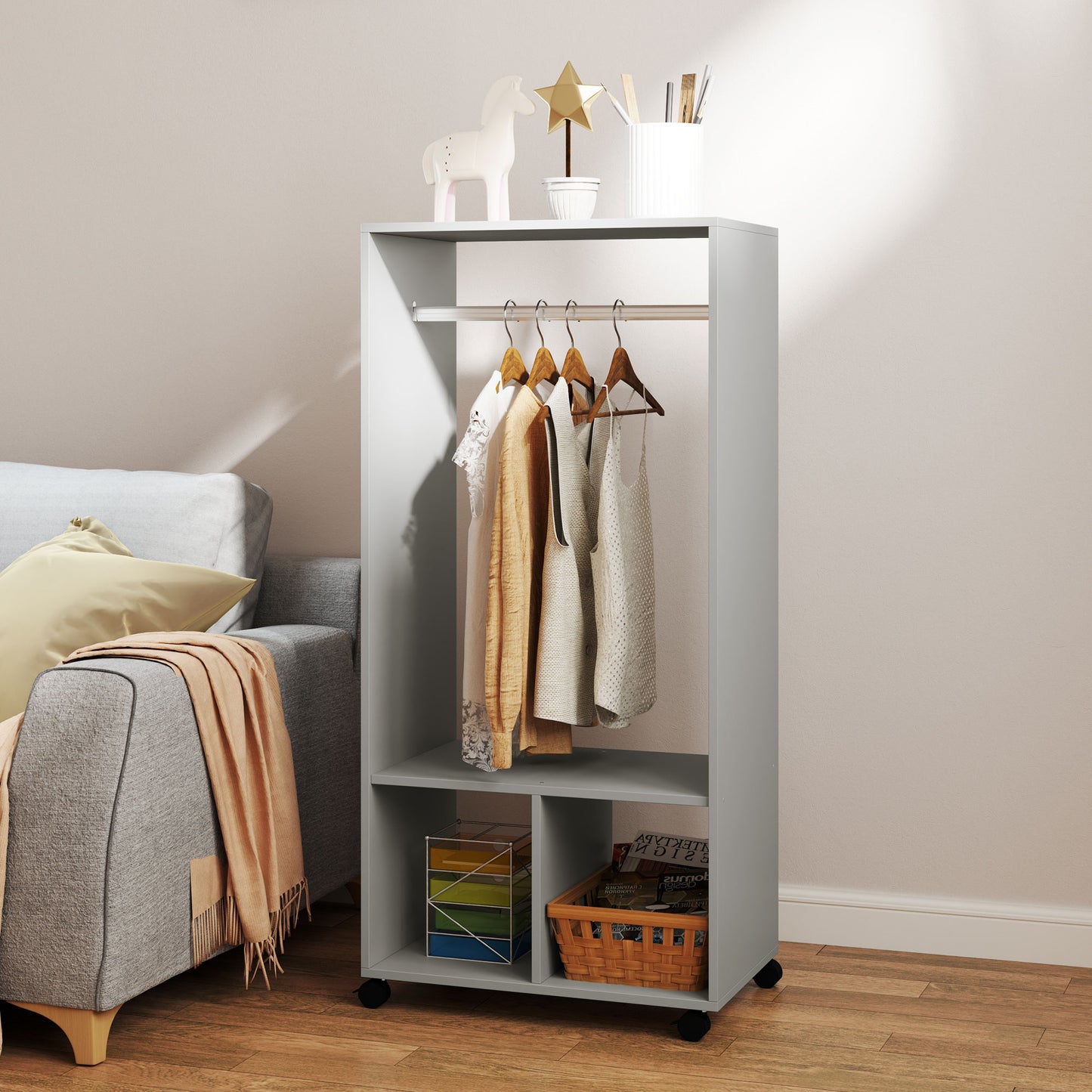 Open Wardrobe for Bedroom, Small Wardrobe on Wheels W/ Clothes Rail, Storage Shelves, Mobile Garment Rack Cloakroom, Hallway, Grey