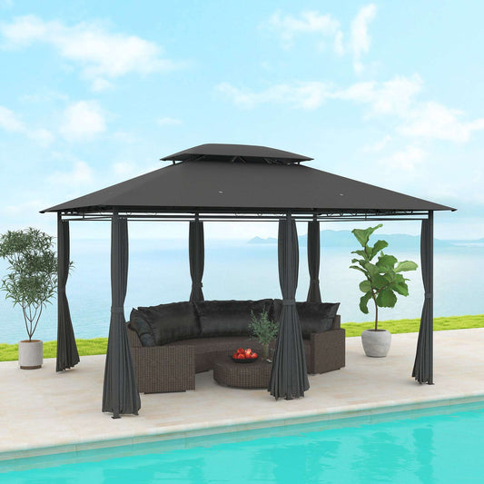 Outsunny 4m x 3(m)Garden Gazebo, Double Roof Outdoor Gazebo Canopy Shelter with Curtains, Solid Steel Frame for Patio, Garden, Black
