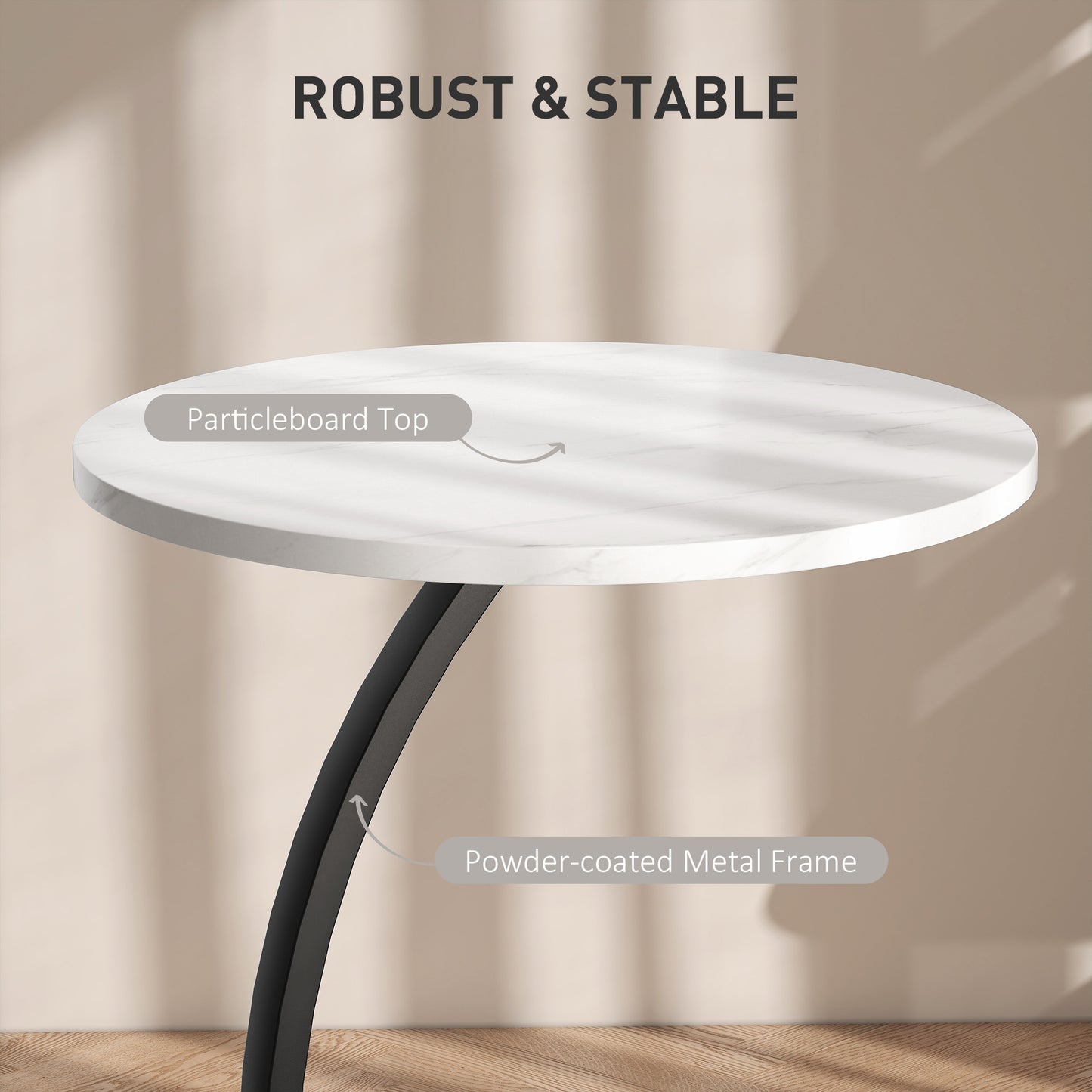 C Shaped Side Table, Round Bedside Table with Marble Effect Top, Modern Coffee Table Sofa End Table, White