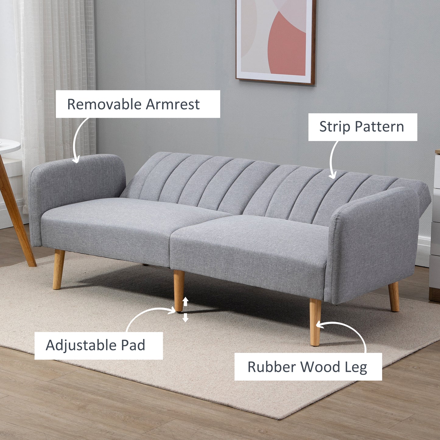 Two-Seater Sofa Bed, with Split Back - Light Grey
