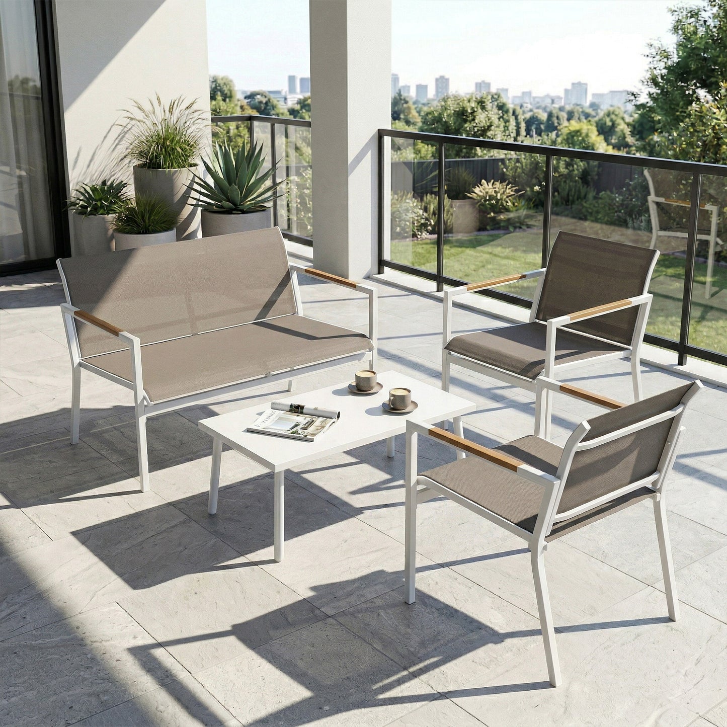 4-Piece Garden Furniture Set | Loveseat, 2 Armchairs & Table | Breathable Mesh | Khaki