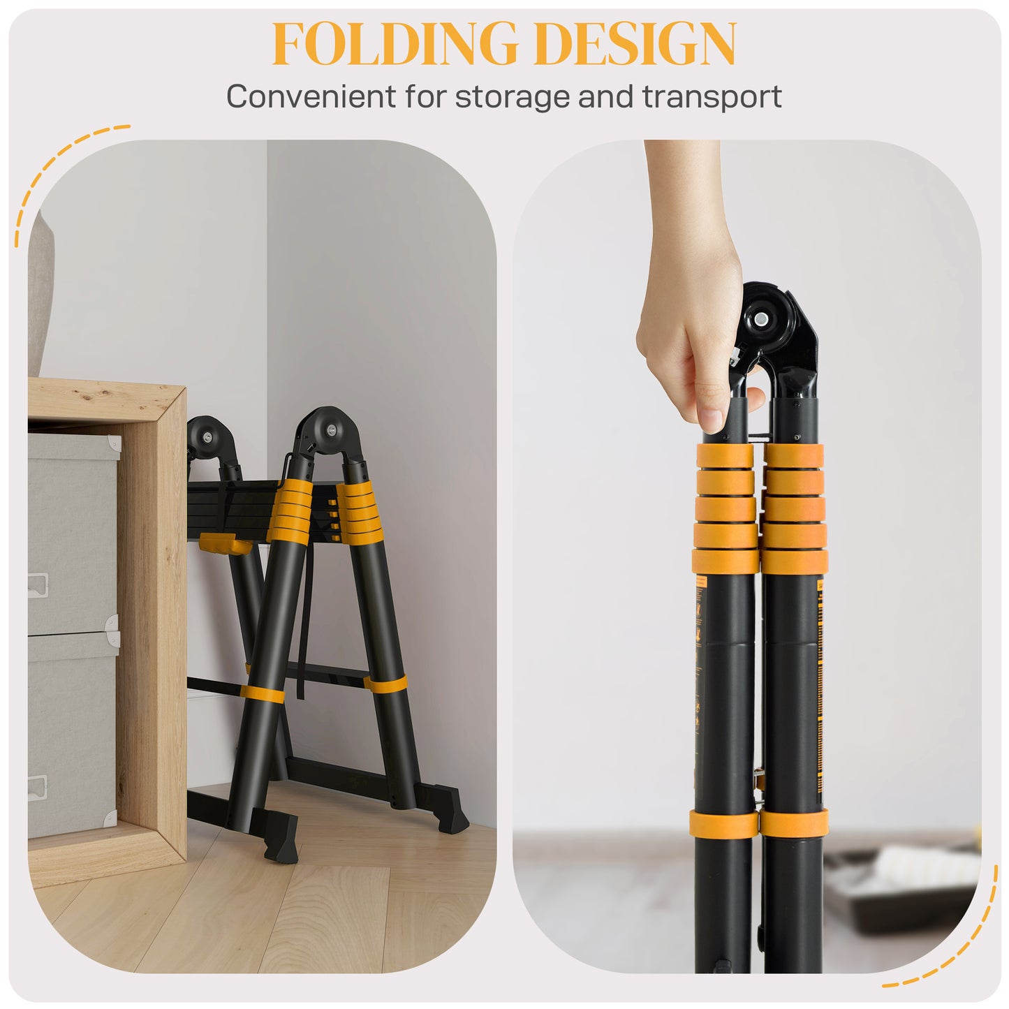 3.8M Duo Aluminium Ladder w/ Tool Holder Herringbone Deployed Extendable DIY w/ 12 Non-Slip Steps, Yellow