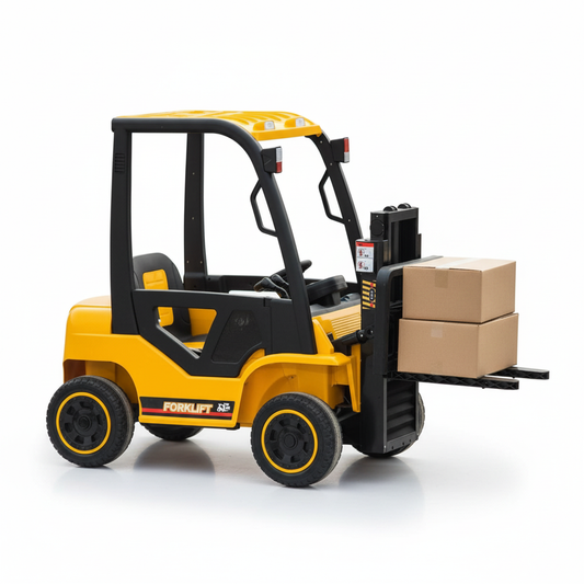 Yellow forklift lifting boxes studio
