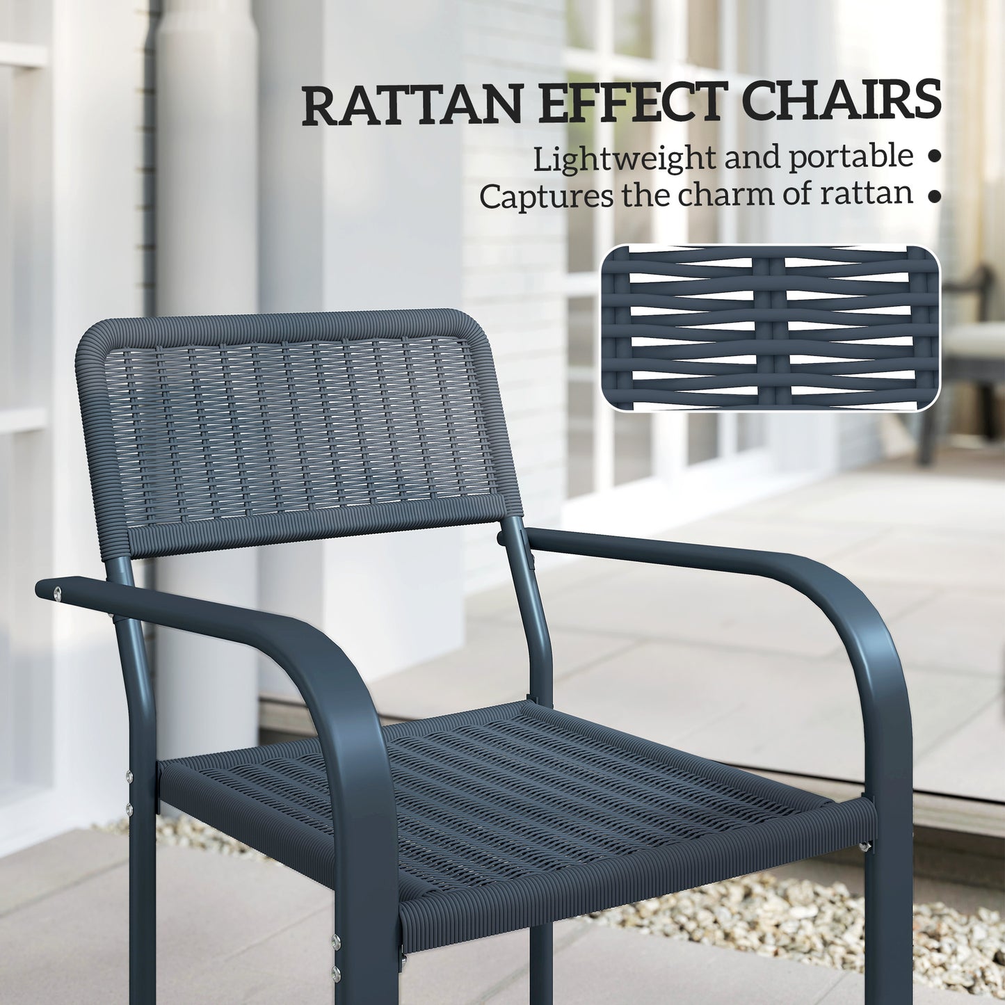 Garden Chairs Set of 4, Stackable Rattan Effect Dining Chairs with Armrest, Weather Resistant and Lightweight for Patio, Balcony, Terrace, Dark Grey