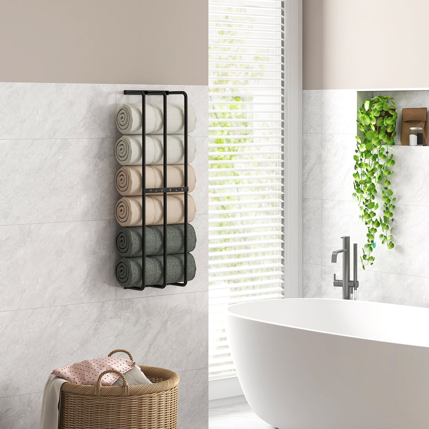 Towel Rail Wall Mounted Metal Rack Holder Organiser Holds Up to 6 Large Size (160 x 100cm) Rolled Towels, 3 Bar Towel Storage for Bathroom - Black