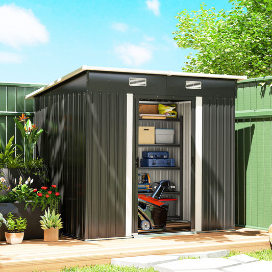 7x4ft Lean-To Metal Garden Shed | Corrugated Galvanised Steel | Sloped Roof | Sliding Door | 2 Front Vents | Foundation Kit Included | 203x130x182cm | Black