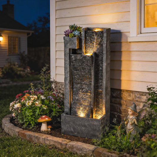 Tall 3-Tier Resin Waterfall Fountain with Top Planter | LED Lights | Water Curtain Effect | 22-25L | 12W | 230V | 3m Cable | 38x19x101cm | Garden Patio & Balcony | Dark Grey