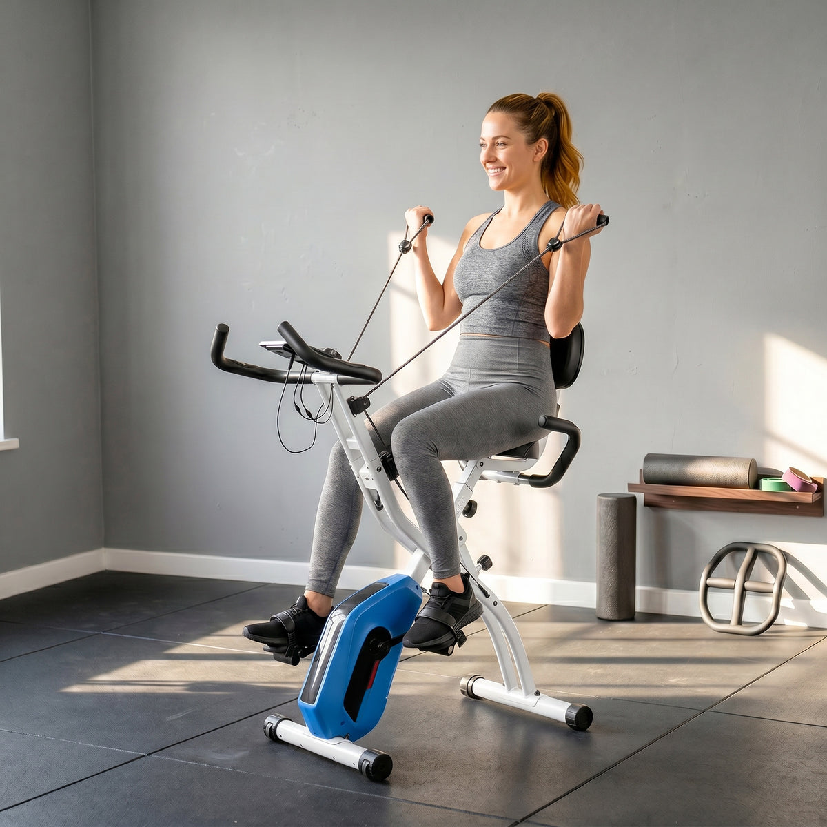 4-in-1 Folding Exercise Bike | Upright & Recumbent | Bluetooth App | 8-Level Magnetic Resistance | Resistance Bands | LCD Display | 120kg Capacity | Blue