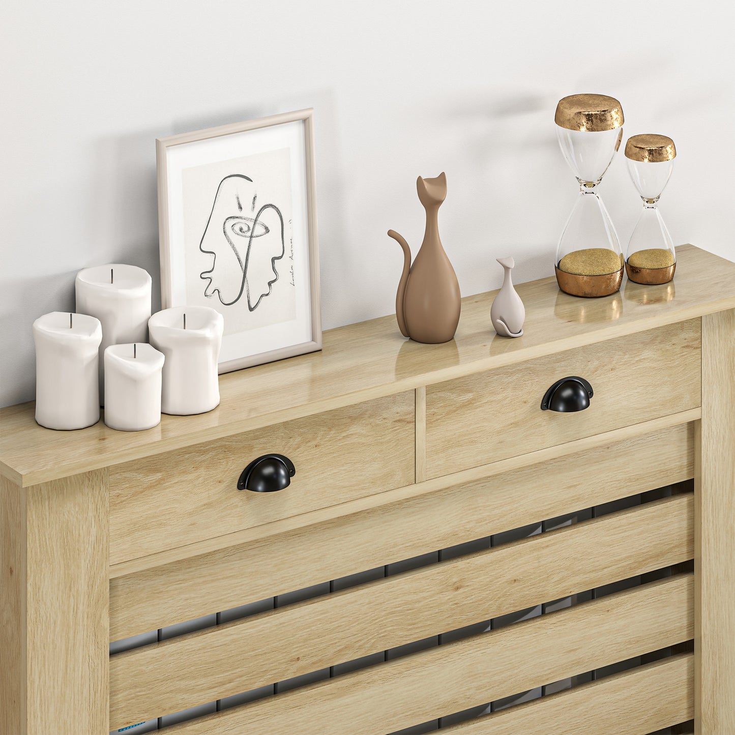 MDF & Particle Board Radiator Cover with 2 Drawers | Slatted Design | Skirting Board Cut-Outs | Easy-Fix Clips | Wood-Effect Top | 4kg Per Drawer | 111x19x95.5cm | Oak
