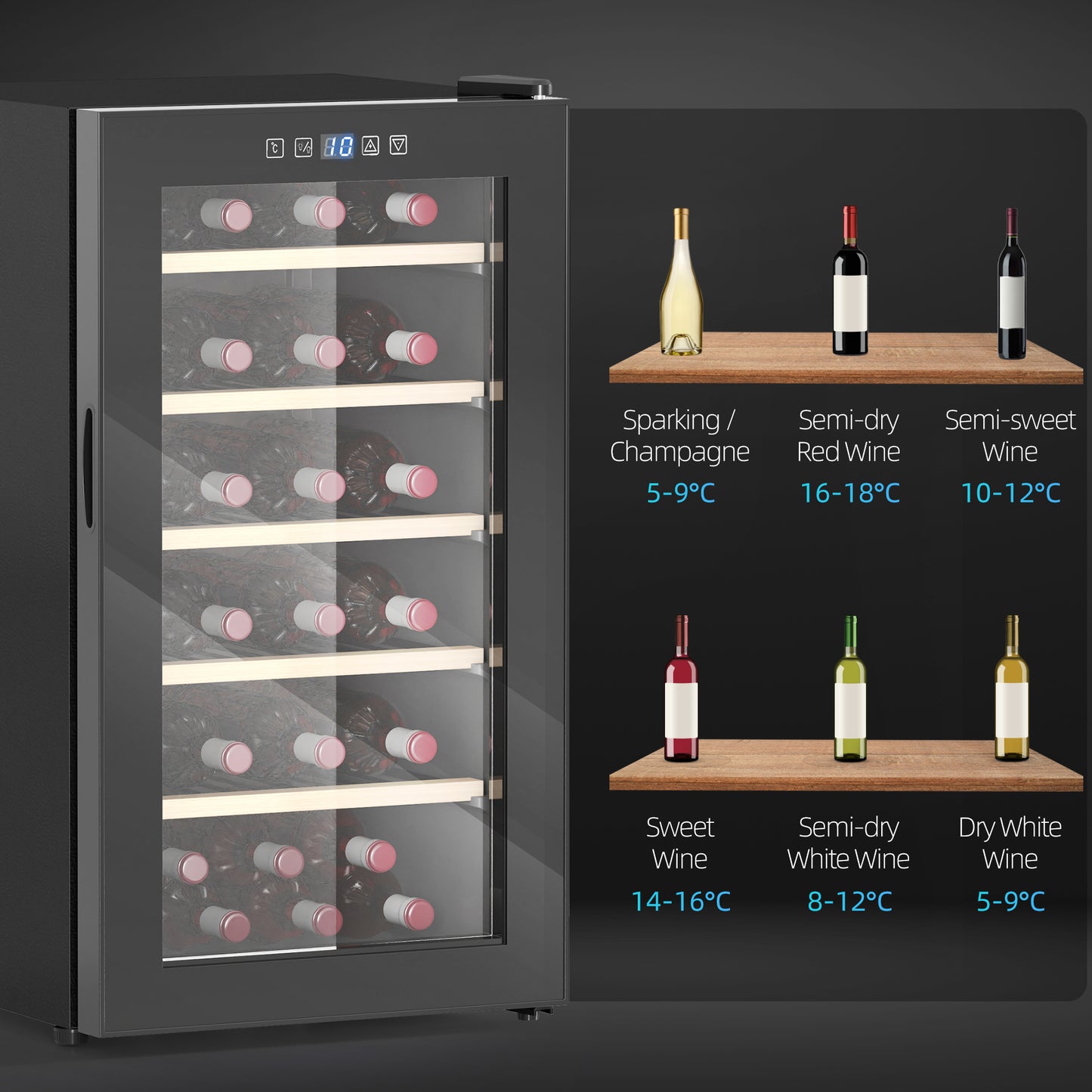 41 Bottle Wine Fridge, 91 Litre Capacity, 45cm Cooler With Glass Door, LED Light, Digital Touch Screen, Temperature Control, Freestanding Refrigerator