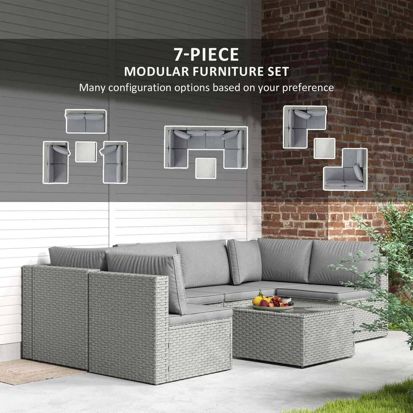 Outsunny Seven-Piece Modular Rattan Outdoor Garden Corner Furniture Set - Grey