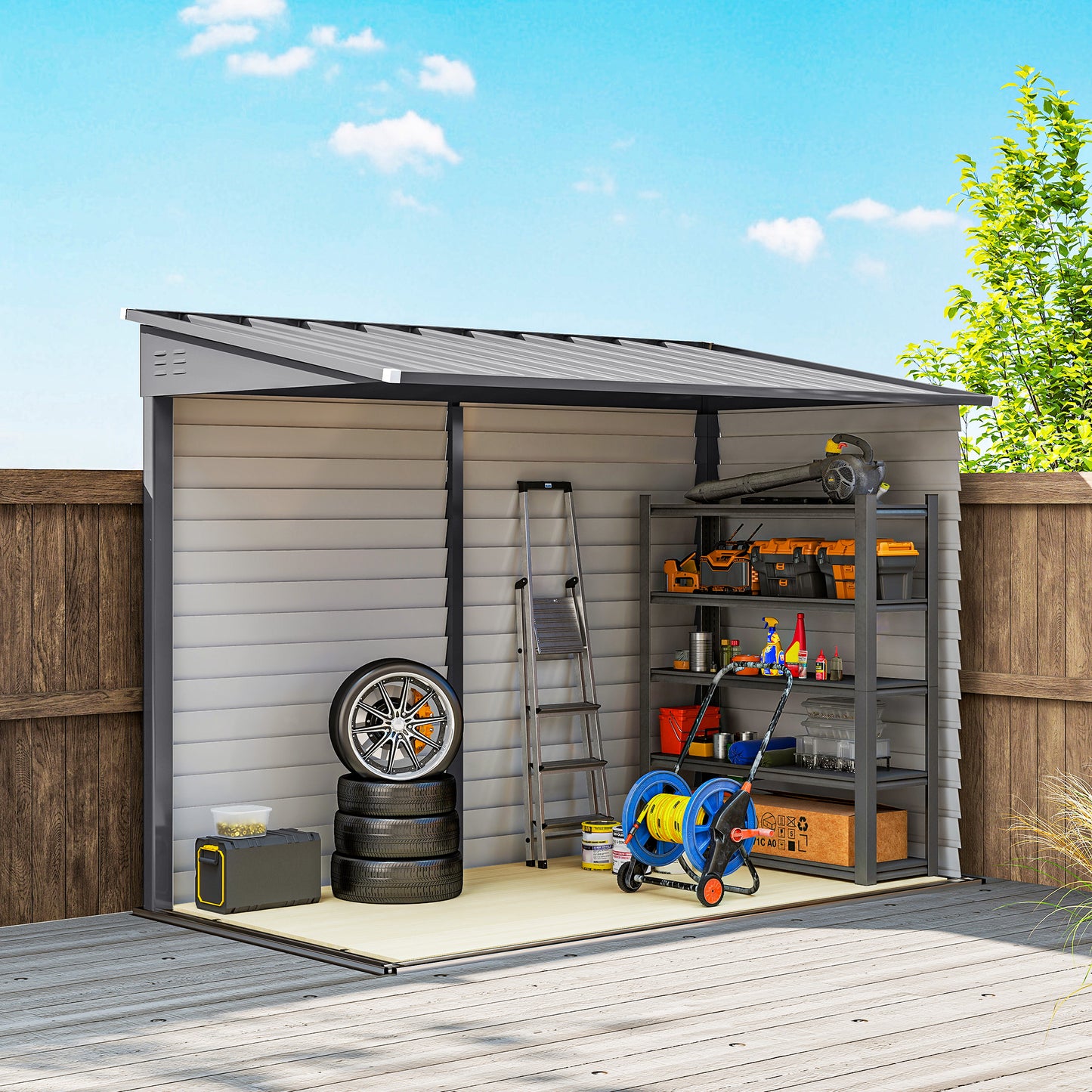 5 x 9ft Galvanised Metal Garden Shed with Foundation Kit, Outdoor Lean-to Shed, Tool Storage House with Lockable Doors, Grey