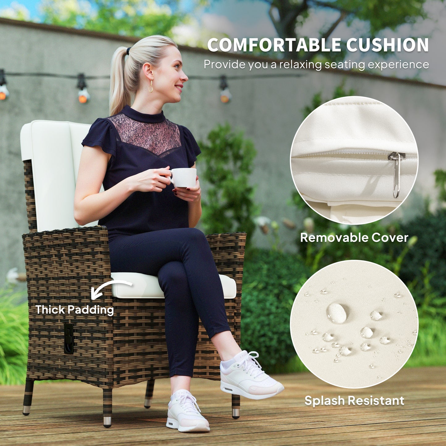 Rattan Garden Recliner Chair, Wicker Reclining Armchair with Adjustable Backrest and Cushion, Outdoor Lounge Sun Lounger, Cream White