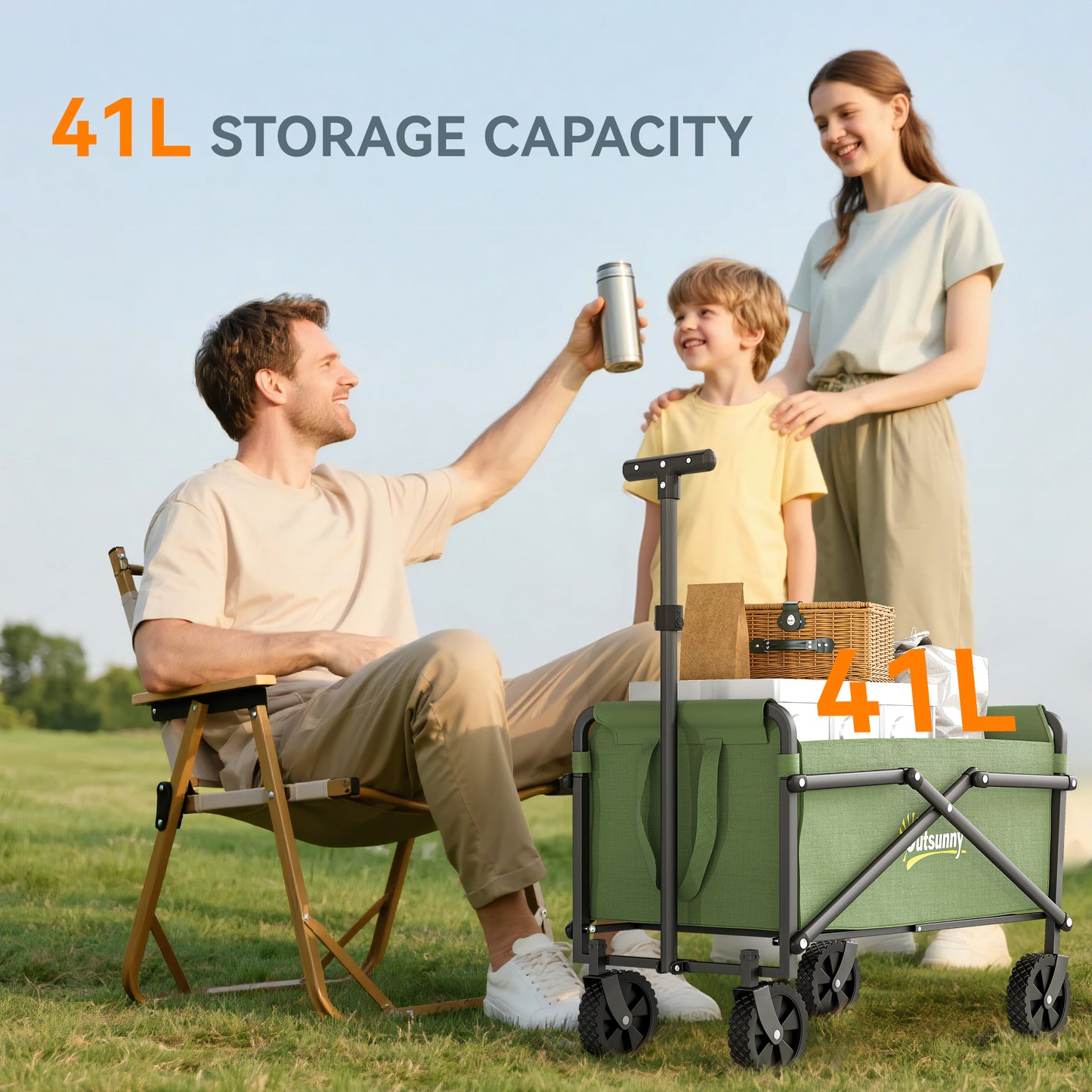 Outsunny 41L Festival Trolley on Wheels, Small Garden Folding Trolley Cart, 60kg Heavy Duty Collapsible Folding Wagon with Adjustable Handle and Carrying Bag for Beach, Camping