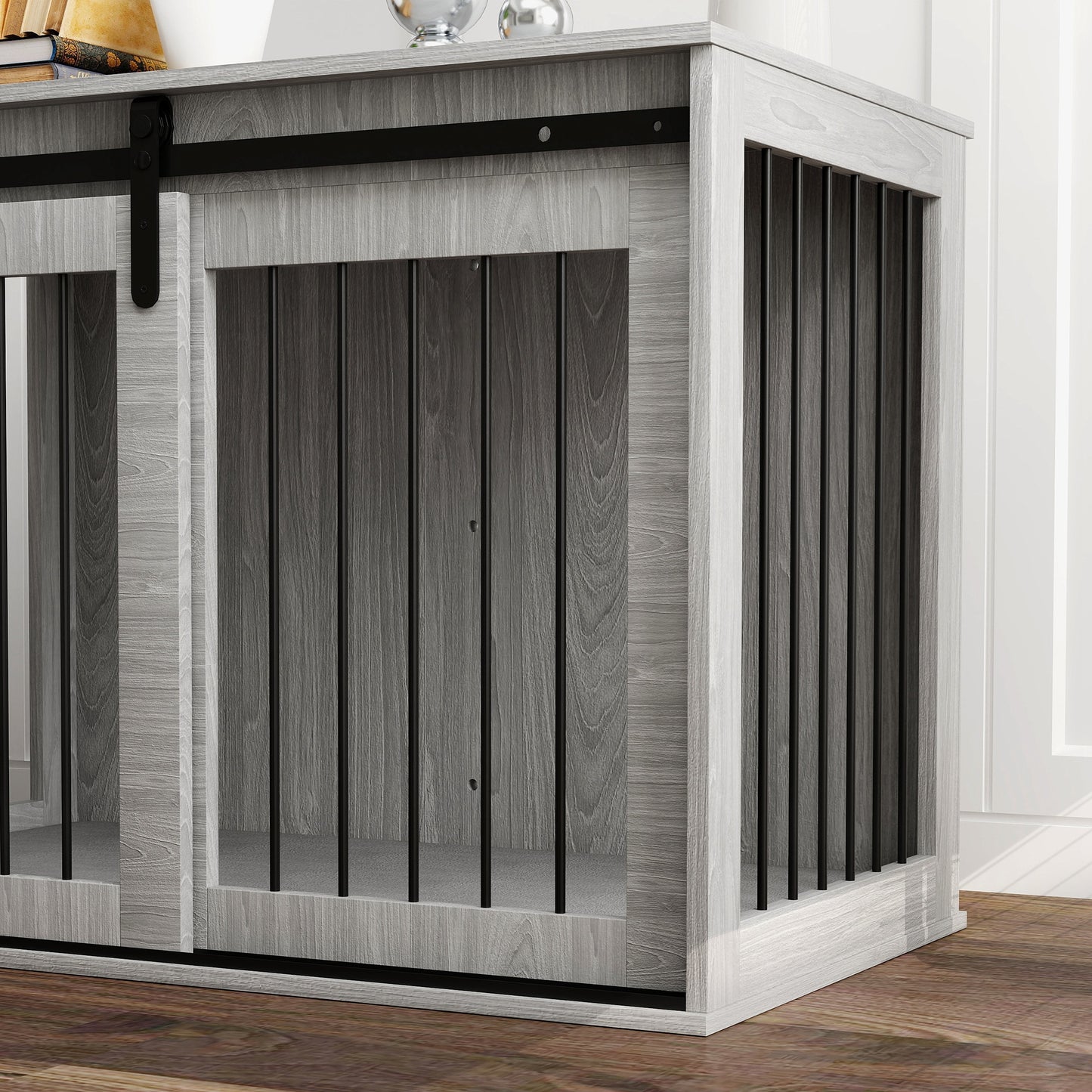 Dog Crate Furniture Side Table | Barn Door | Removable Washable Cushion | 3-Sided Ventilation | Large Dogs up to 30kg | 100 x 60 x 61cm | Grey