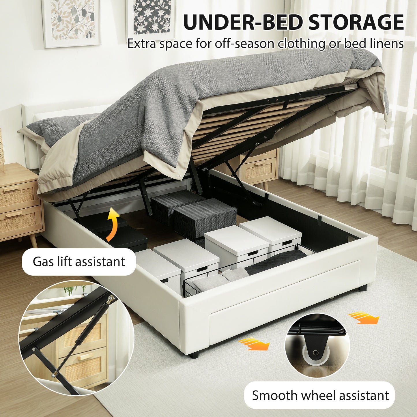 Double Ottoman Bed Frame, with Front Drawer - Cream / Black
