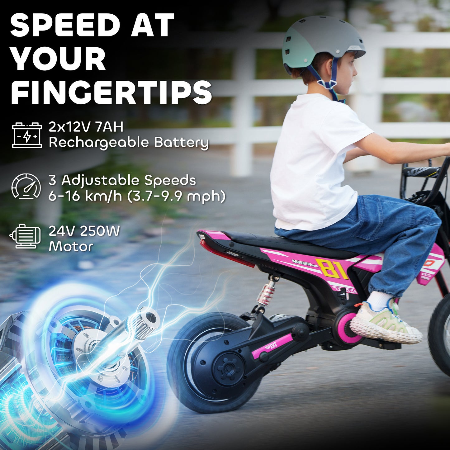 AIYAPLAY Kids Electric Motorbike, 24V Ride On Motorcycle with 3 Speeds and Rear Suspension, Dirt Bike for 8-12 Years Old