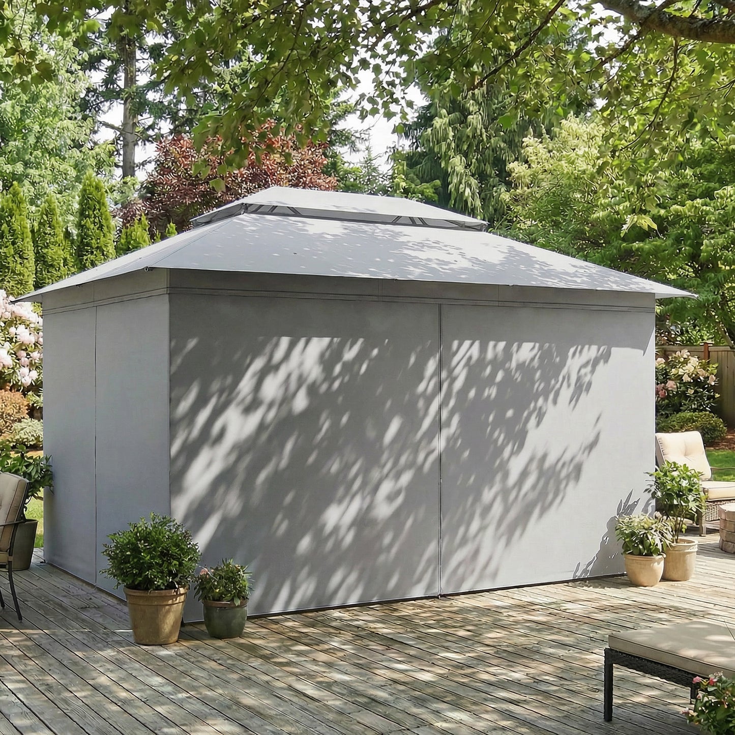 4x3m Permanent Garden Gazebo | Double-Tier UPF50+ Polyester Roof | Mesh Netting & Privacy Curtains | Drainage Holes | Powder-Coated Metal Frame | 8 Expansion Screws & 8 Ground Stakes | 4 Guy Ropes | 400x300x270cm | Dark Grey