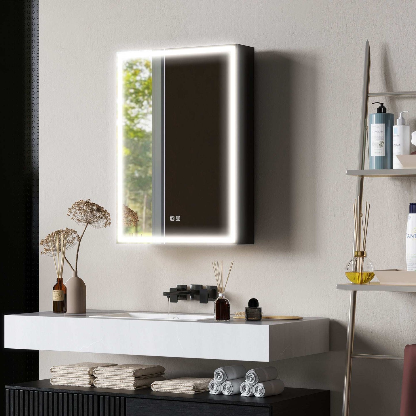 Bathroom Mirror Medicine Cabinet with LED Lights and Shaver Socket, 500 x 700 mm Wall Mounted Bathroom Cabinet with Mirror, Demister Pad, Dimmer, 3 Colours, Black