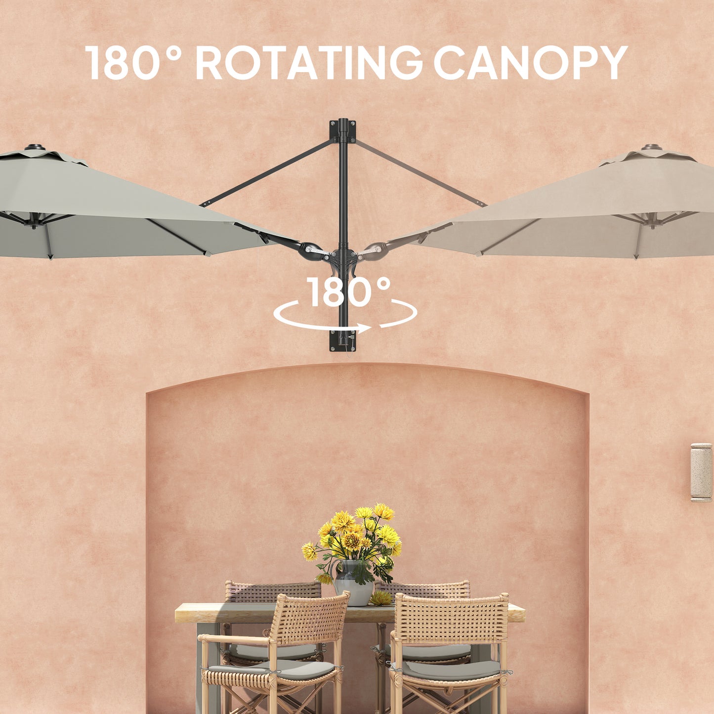 Outsunny 3(m) Wall-Mounted Parasol Shade, with Handle - Light Grey / Khaki / Orange