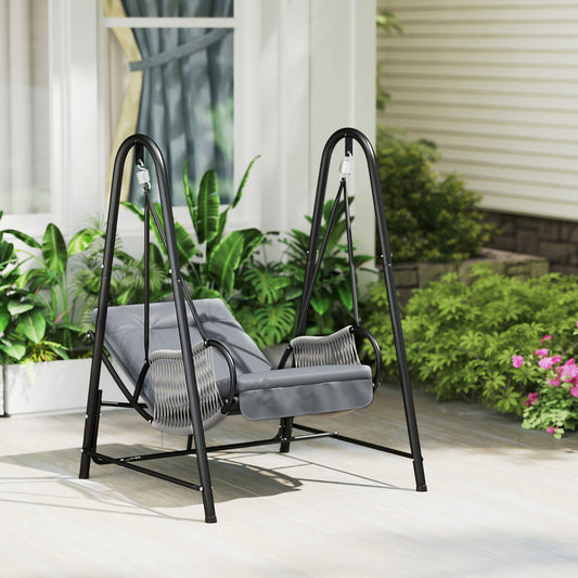 Outsunny Rattan Swing Chair, Outdoor Garden Hanging Swing Seat with Stand and Seat Cushion, Porch Hanging Chair for Balcony, Garden, Deck