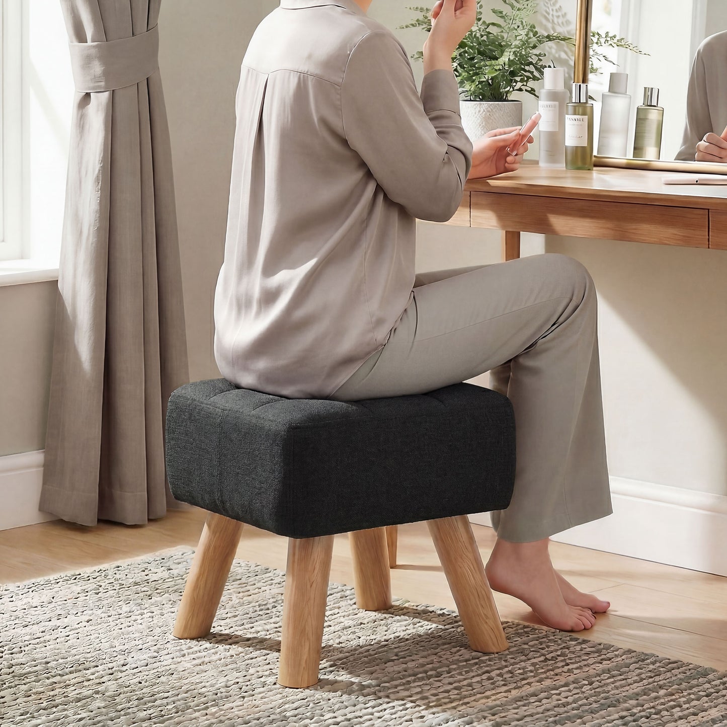 Square Padded Footstool Ottoman Pouffe | Tufted Linen-Look | Black