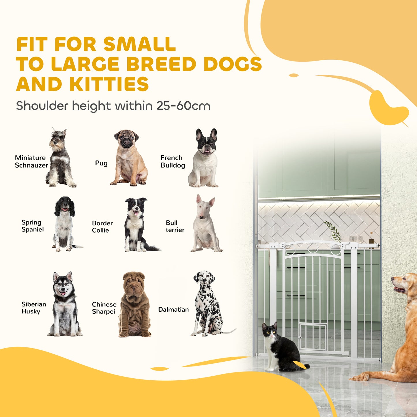 PawHut 96cm Tall Dog Gate with Cat Door, 7cm and 14cm Extensions, for Stairs & Doorways, 76-104cm Width