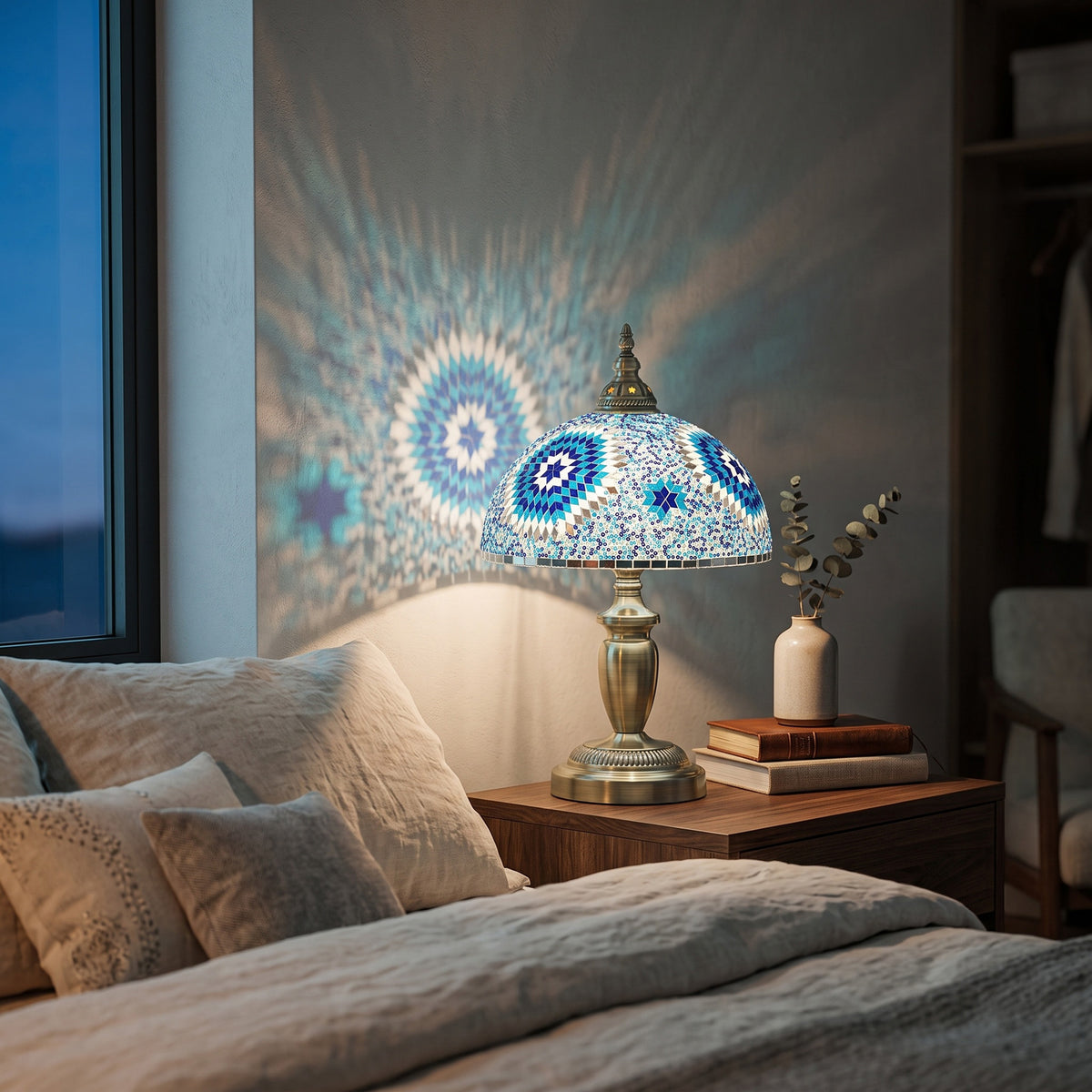 Tiffany-Style Stained Glass Bedside Table Lamp | Blue Coloured Glass Shade | Bronze-Tone Electroplated Frame | E27 Max 40W | Inline Switch | 1.5m Cable | 30x30x50cm | Blue