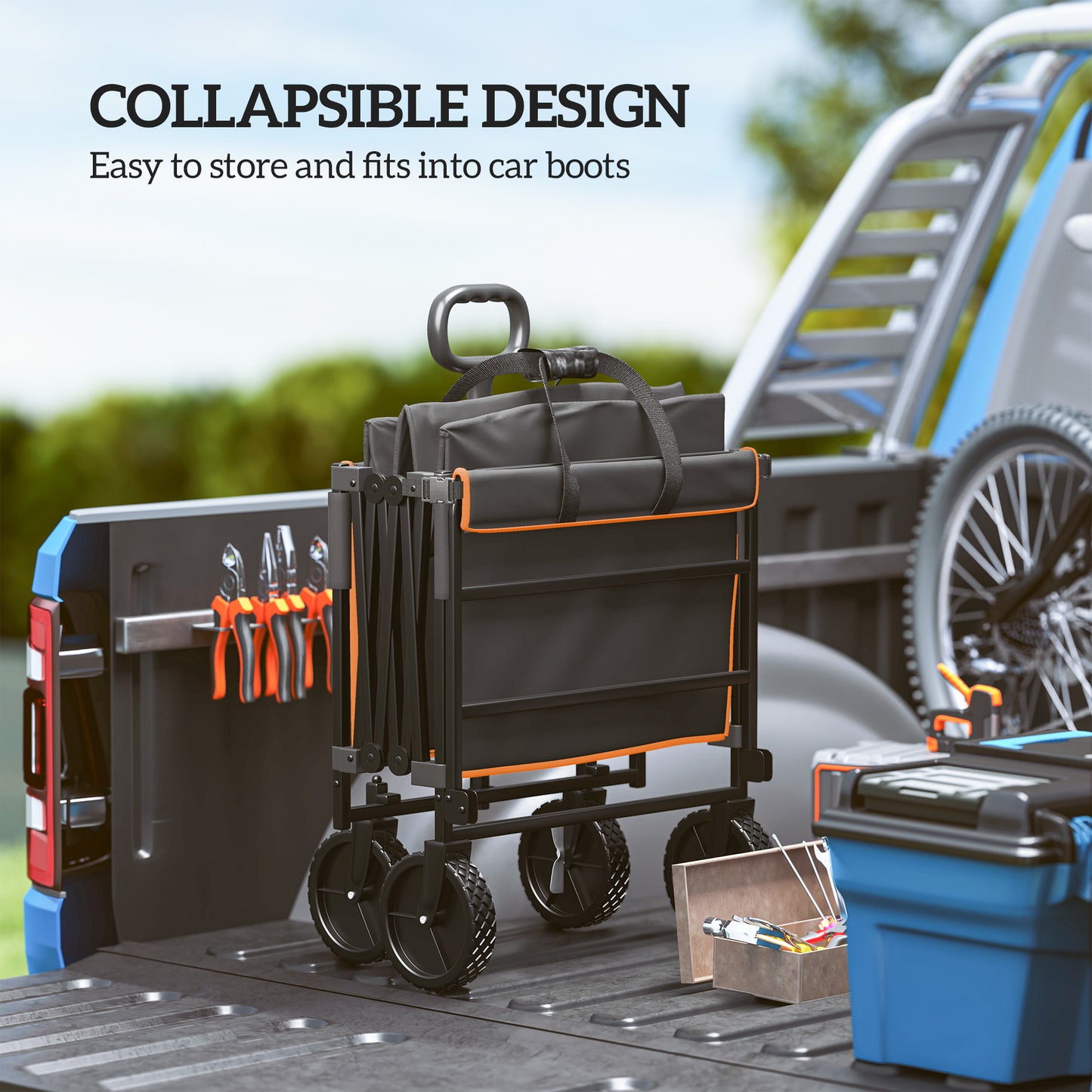 160L Festival Trolley on Wheels, Folding Camping Trolley Cart w/ Tailgate, 100kg Heavy Duty Garden Collapsible Folding Wagon w/Adjustable Handle, Carry Bag for Beach Picnic