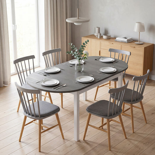 4-6 Person Drop-Leaf Extending Dining Table | Pine Wood | 3 Configurations | Folds to 80cm or Extends to 140cm | 50kg Capacity | Foot Pads | Grey & White