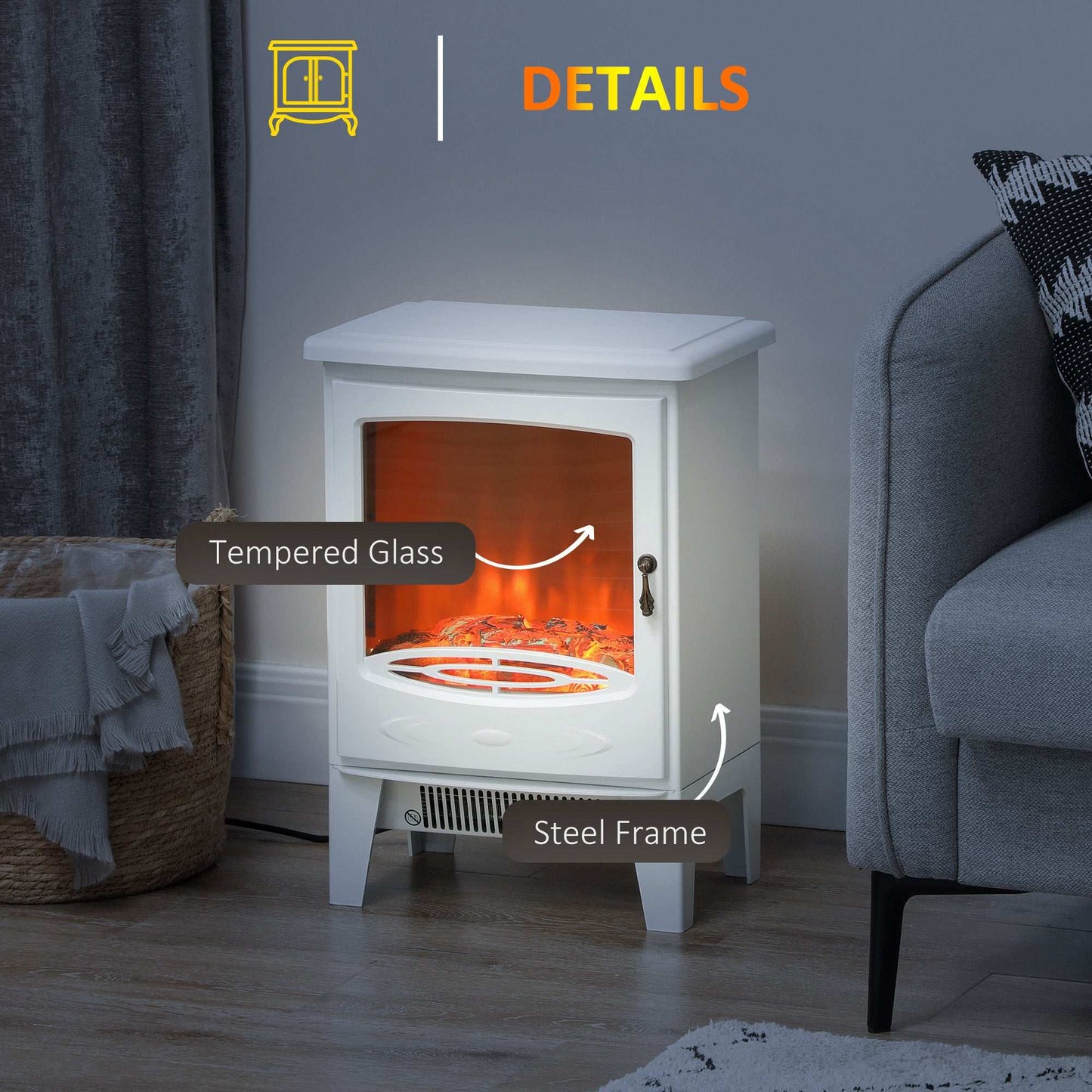 Tempered Glass Casing Electric Fireplace, Freestanding Fire with Realistic Flame Effect Log Burner with Overheat Protection, 950w/ 1850W, White