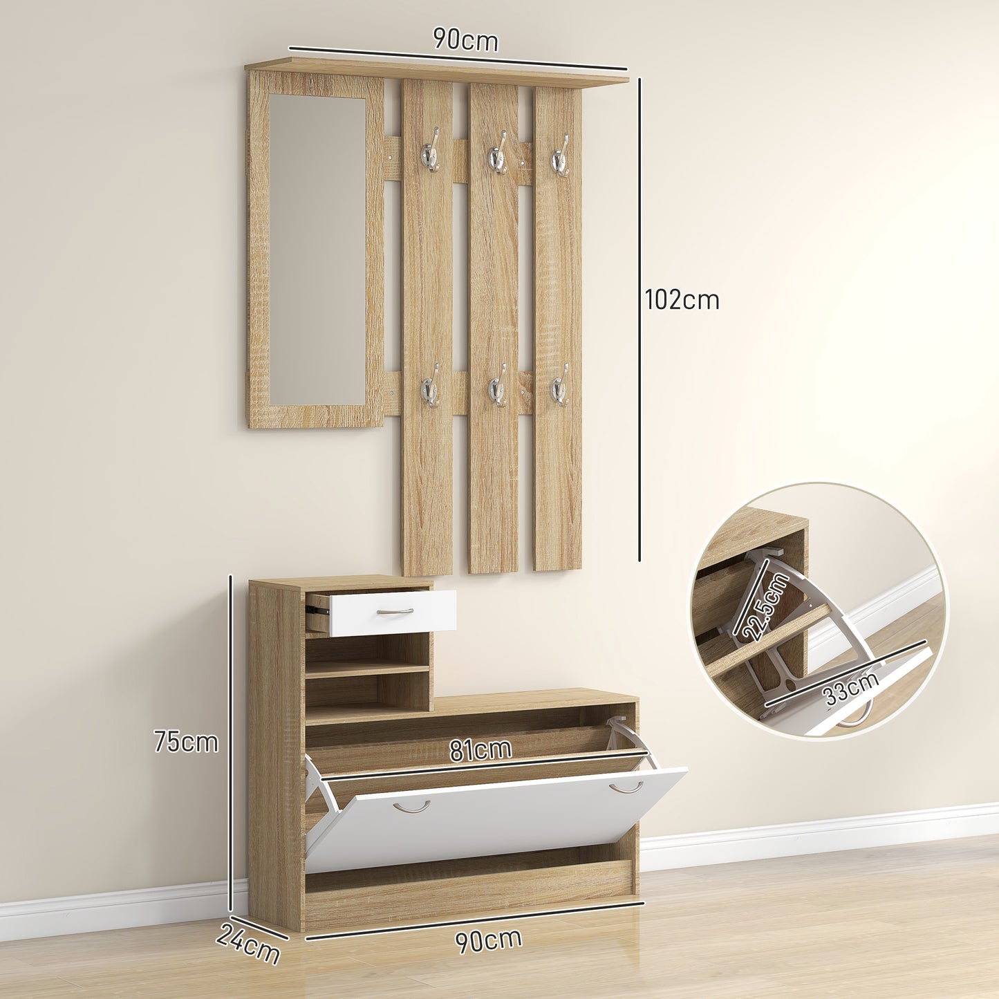 Three-in-One Hallway Storage Set - Natural Wood Finish/White