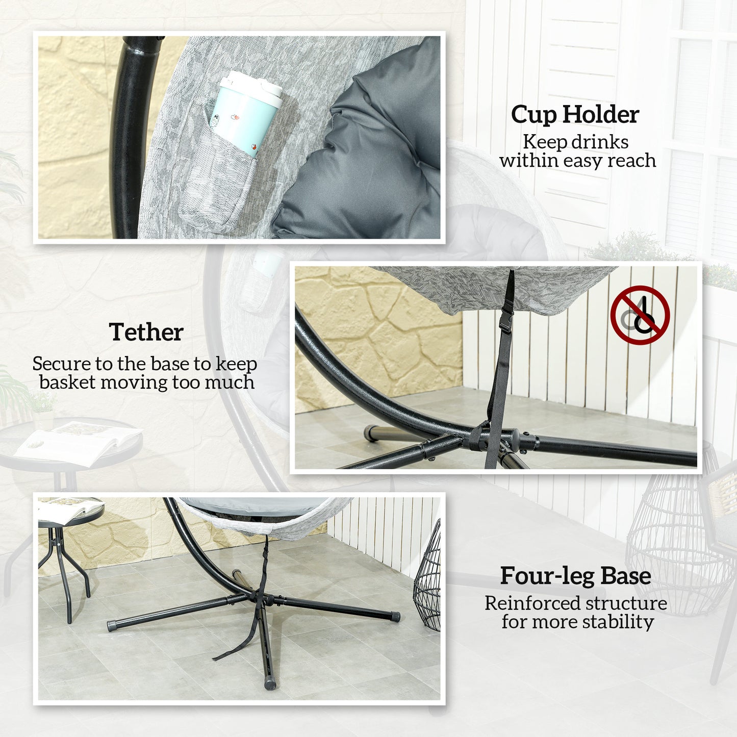 Hanging Egg Swing Chair Outdoor Indoor Garden with Folding Basket, Garden Hanging Chair with Stand, Thickened Cushion, Cup Holder for Patio, Balcony,