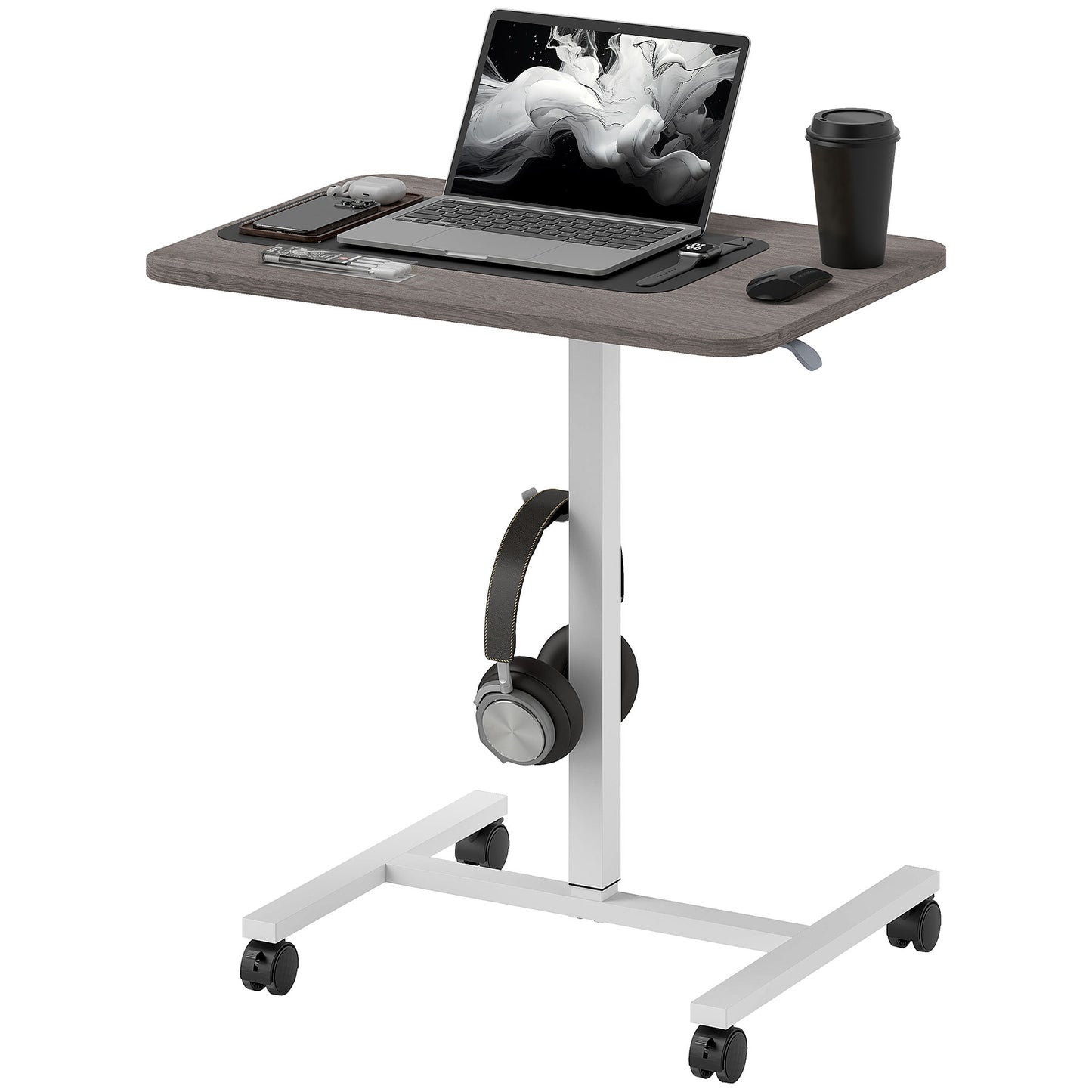 Height Adjustable Standing Desk, Pneumatic Sit Stand Desk for Laptop, Mobile Overbed Table W/ Wheels And Headphone Hook for Home Office