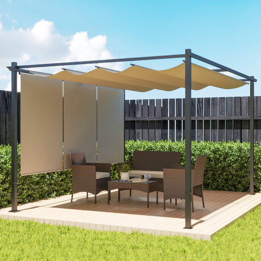 3 x 4m Metal Pergola with Retractable Roof and Roller Shade, Wall-Mounted or Free Standing Garden Gazebo Canopy Pergola Kit, UPF30+ Sun Shade