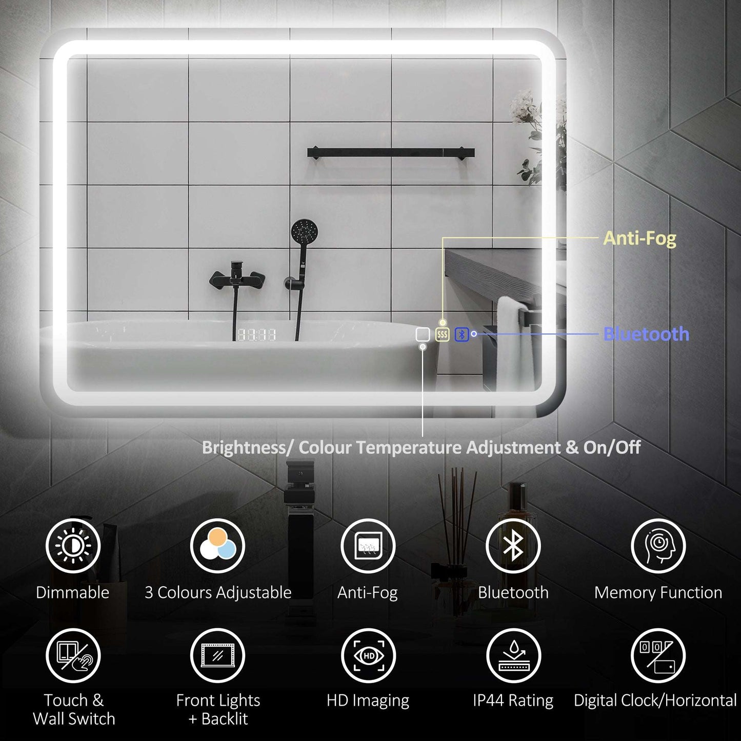 60 x 80 cm Bluetooth LED Bathroom Mirror with Clock Anti-Fog - Silver Tone