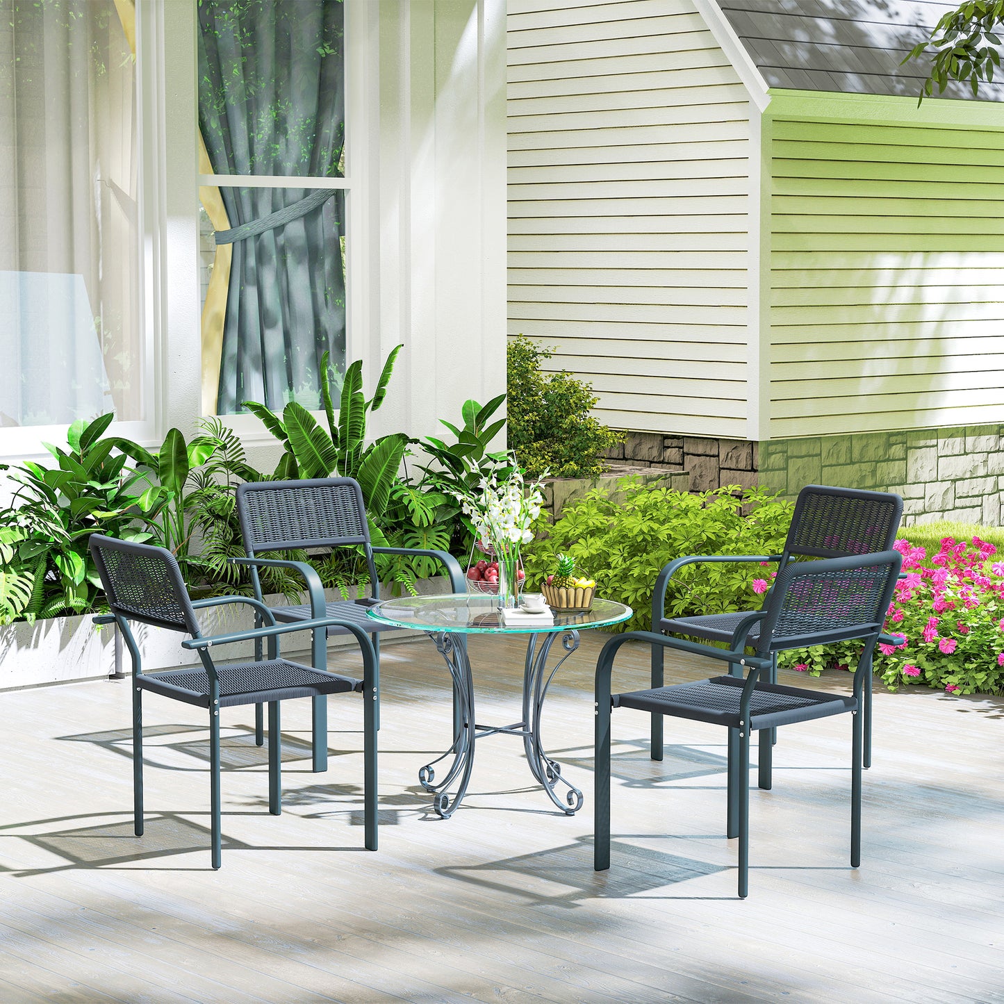 Garden Chairs Set of 4, Stackable Rattan Effect Dining Chairs with Armrest, Weather Resistant and Lightweight for Patio, Balcony, Terrace, Dark Grey