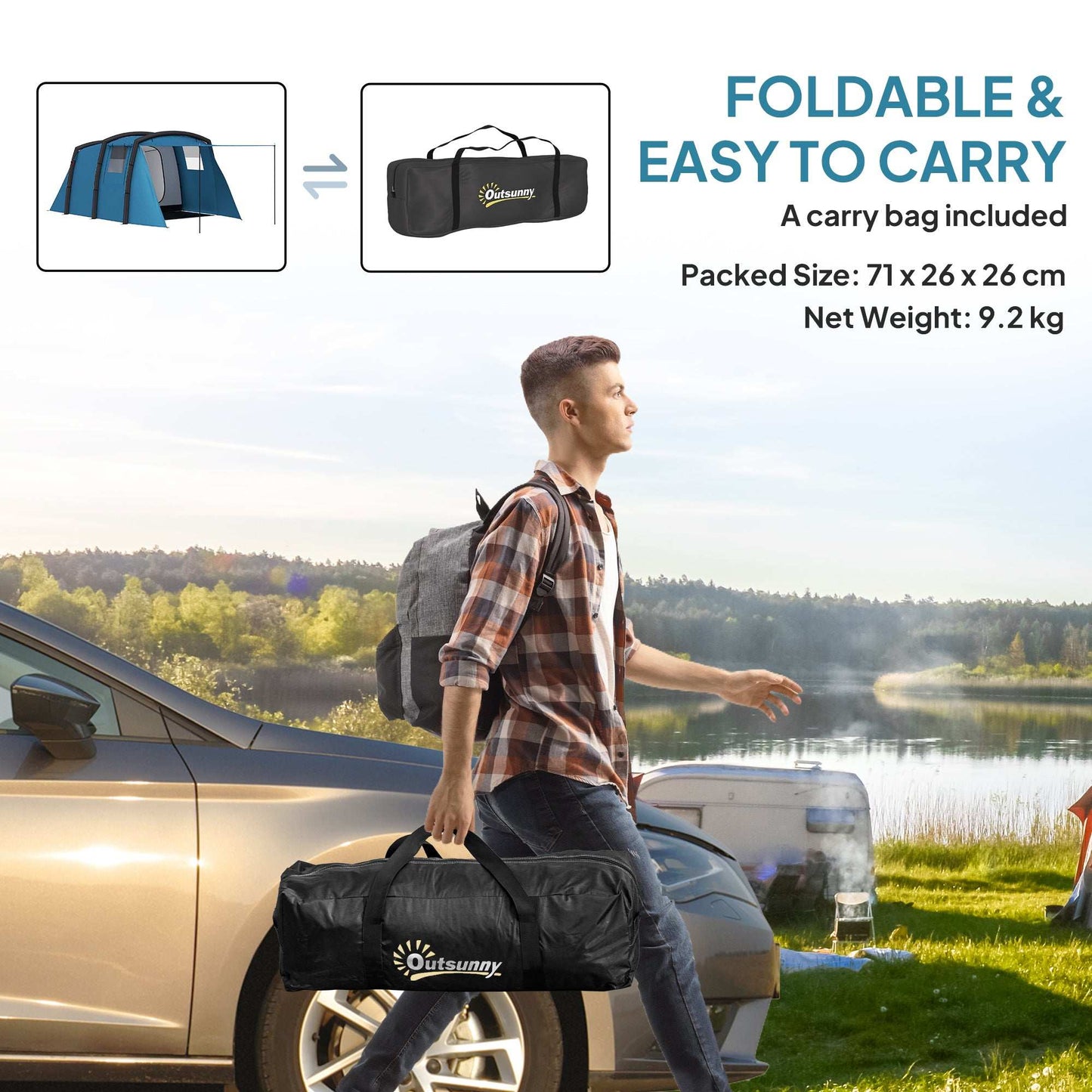 Inflatable 3-4 Man Tunnel Tent w/ Air Pump, Living Area & Vestibule, Waterproof Family Camping Air Tent, Hiking, Blue