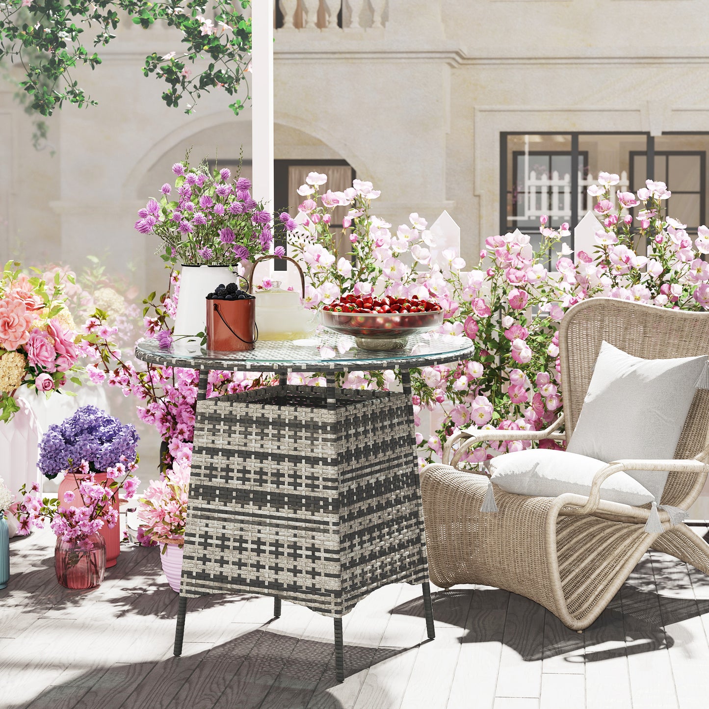 Outsunny Wicker Garden Rattan Table, Patio Furniture Outdoor Coffee Table with Umbrella Hole and Tempered Glass Top, Grey / Brown