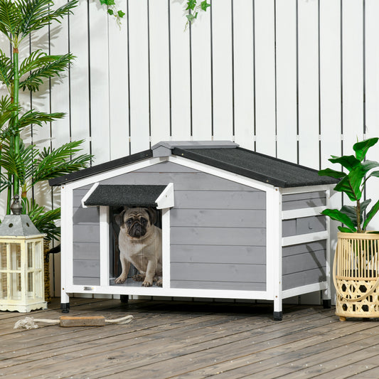 Wooden Dog Kennel | Asphalt Roof | Openable Top | Door Curtain | 2 Windows | Raised Base | Removable Tray | Small Dogs up to 15kg | 97 x 72 x 65cm | Grey