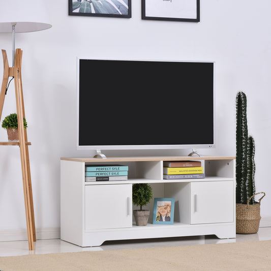 TV Stand for TVs up to 42 Inches with Cabinets, Shelves and Wide Tabletop for Living Room, Bedroom, Dining Room, White and Wood Color