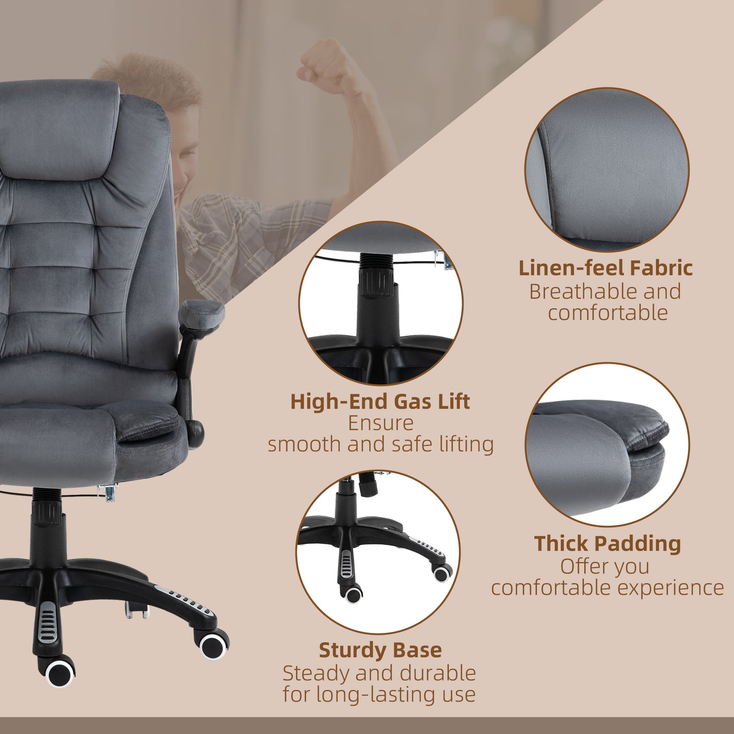 Heated Massage Recliner Office Chair | 6 Point Massage | Velvet-Feel Fabric | 130° Recline | 360° Swivel | Height Adjustable 107-116cm | 120kg | Grey