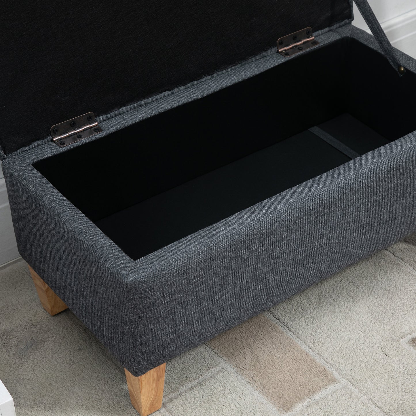 Linen Storage Ottoman Padded Footstool with Rubberwood Legs Ideal for Bed End, Shoe Bench, Seating, Dark Grey