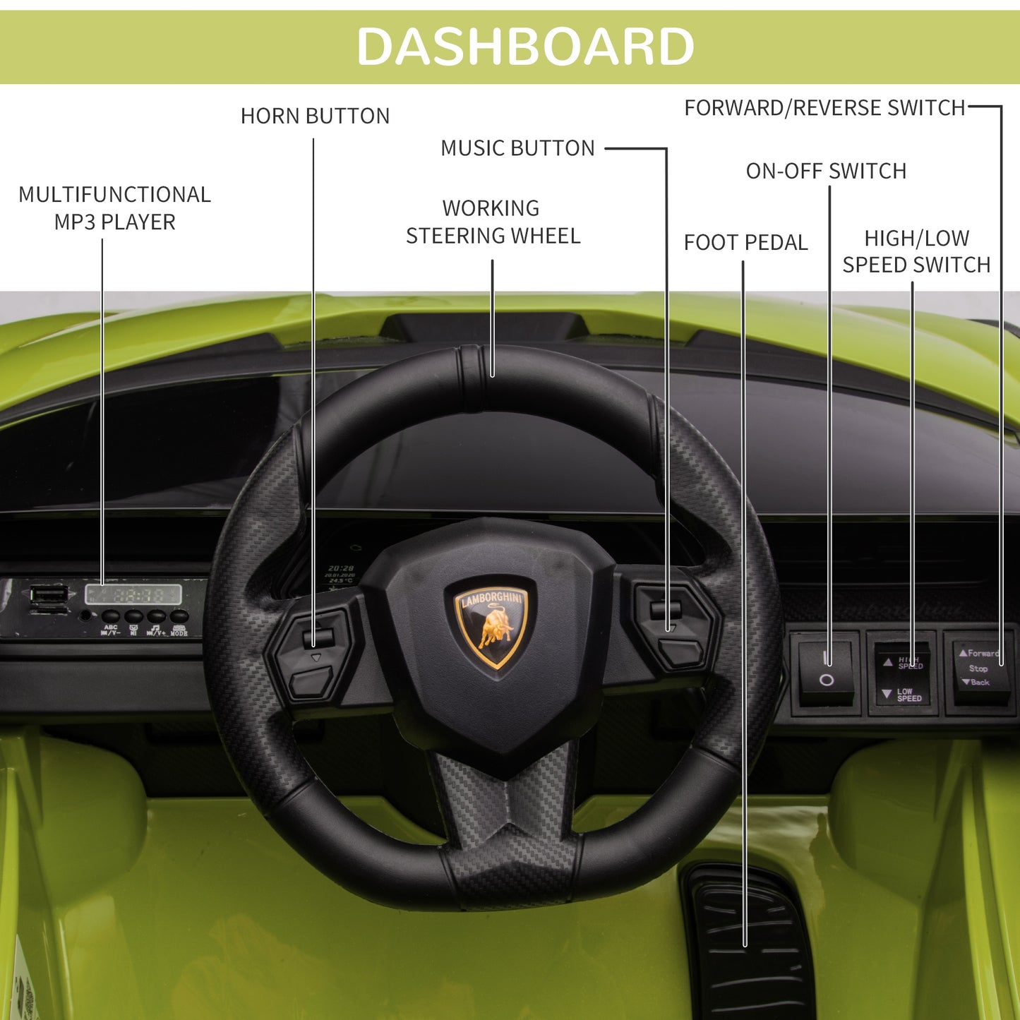 Kids Electric Ride On Car Lamborghini SIAN Toy with Parental Remote Control Lights MP3 for 3-5 Years Old Green 12V Battery-powered