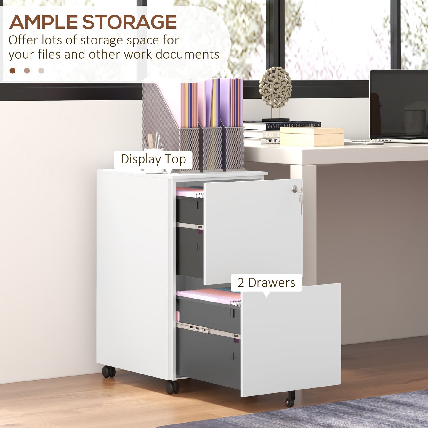 Vinsetto 2-Drawer Vertical Filing Cabinet with Lock, Steel Mobile File Cabinet with Adjustable Hanging Bar for A4, Legal and Letter Size, White
