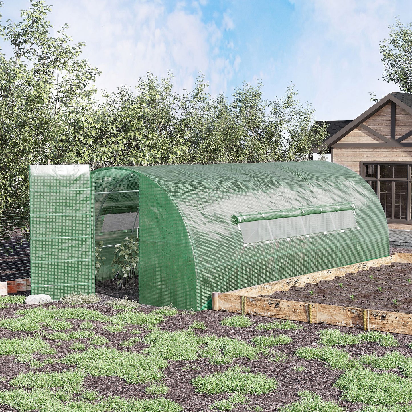 Outsunny Reinforced Polytunnel Greenhouse with Metal Hinged Door, 25mm Diameter Galvanised Steel Frame & Mesh Windows (3 x 6M)