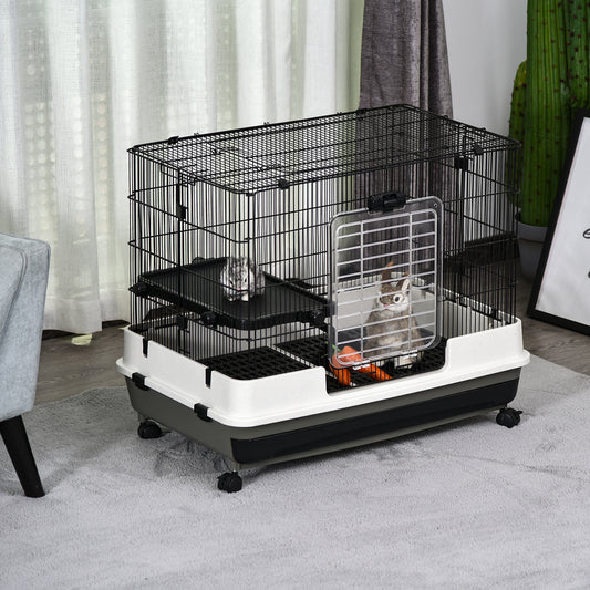 PawHut Small Animal Steel Wire Rabbit Cage Pet Play House W/ Waste Tray Black