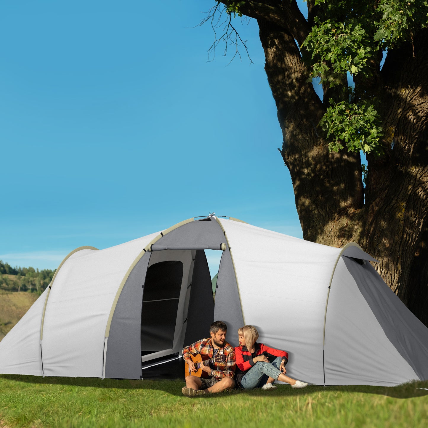Outsunny 4-6 Man Tunnel Tent Camping Tent with 2 Bedroom, Vestibule, Bag, 2000mm Waterproof, UV50+ for Fishing, Hiking, Festival