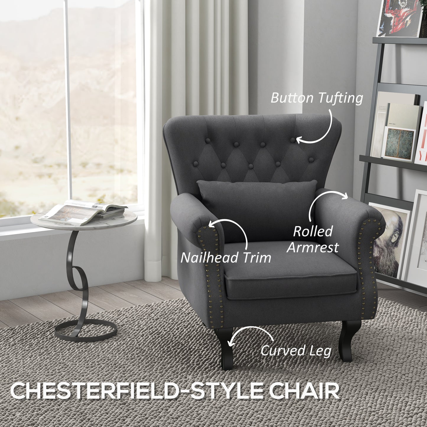 Chesterfield-style Accent Chair, Tufted Wingback Armchair with Pillow, Nailhead Trim for Living Room, Bedroom, Dark Grey