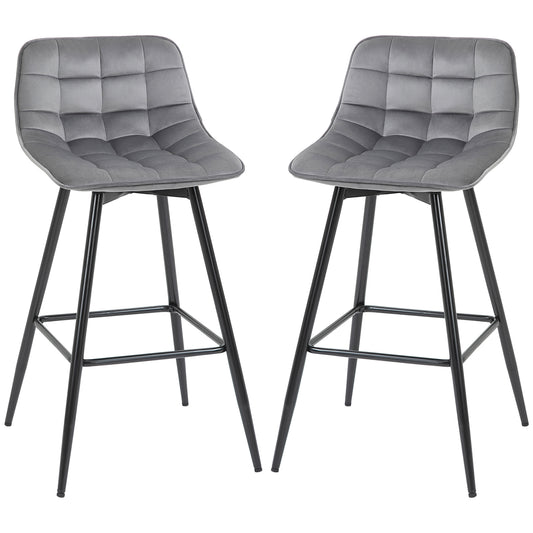 Retro Style Set of 2 Bar stools With Backs Velvet-Touch Dining Chairs Kitchen Counter Chairs Fabric Upholstered seat with Metal Legs, Backrest, Grey